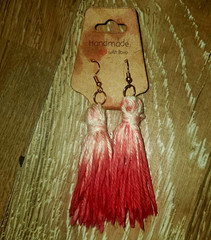 Handcrafted Red & White Cotton Tassel Dangle Drop Earrings Hook Gold Tone