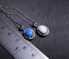 Blue Opal Necklace, sterling silver rainbow White Opal CZ Necklace, Solitaire