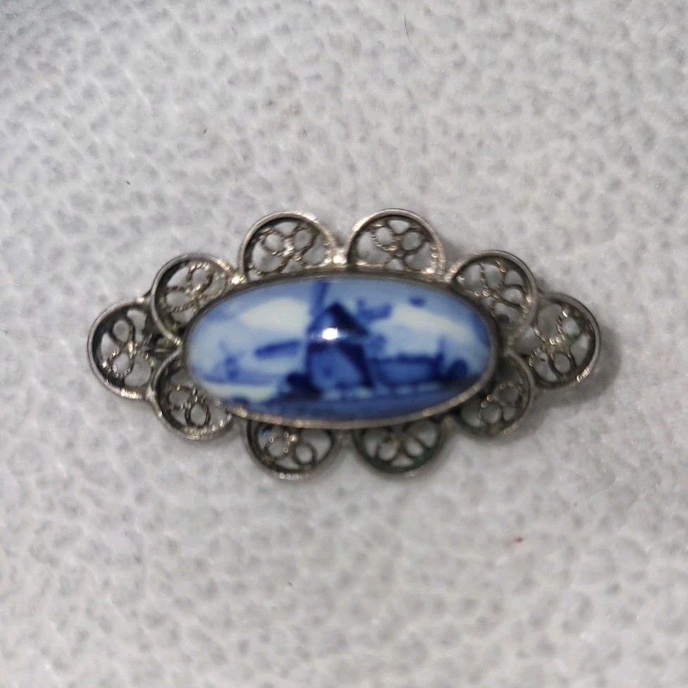 vintage Delft blue porcelain brooch Netherlands, late 1800s and mid-century.