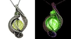 UV-Reactive Glass Necklace in Sterling Silver with Watch Gear: Steampunk Jewelry
