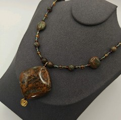 Artisan 18″ Green Opal Necklace Beaded Pendant Brown Green