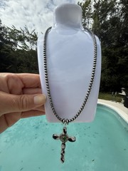 OOAK Artisan Peacock Dahlia White Buffalo Desert Pearl Necklace & Cross Pendant
