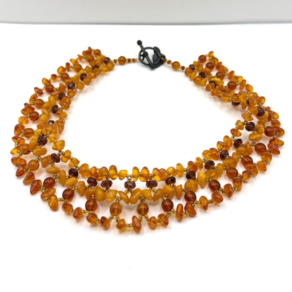 Vintage 90s Handmade Genuine Amber Beads Woven Lattice Collar Choker Necklace