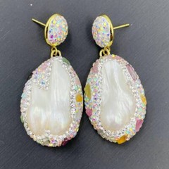 Freshwater Baroque pearl earrings handmade clay zircon Handmade Silver Unisex