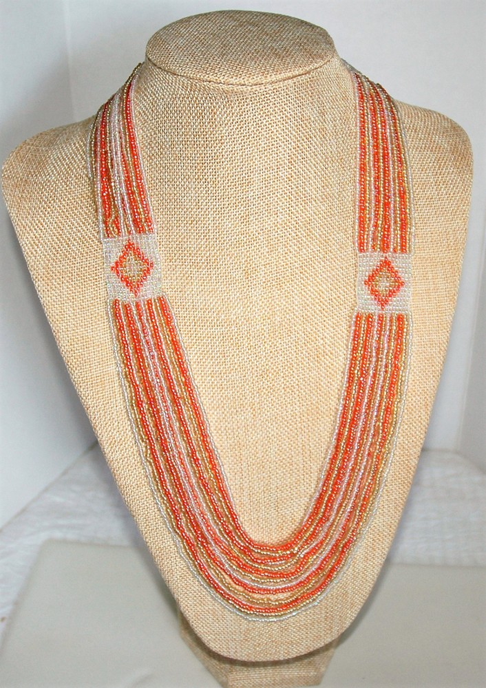 Pratima Beaded Necklace Coral & Tan Hand Made by Artisans Fair Trade