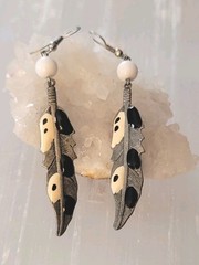 Artisan Dangle Metal Feather Earrings Embellished with Enamel