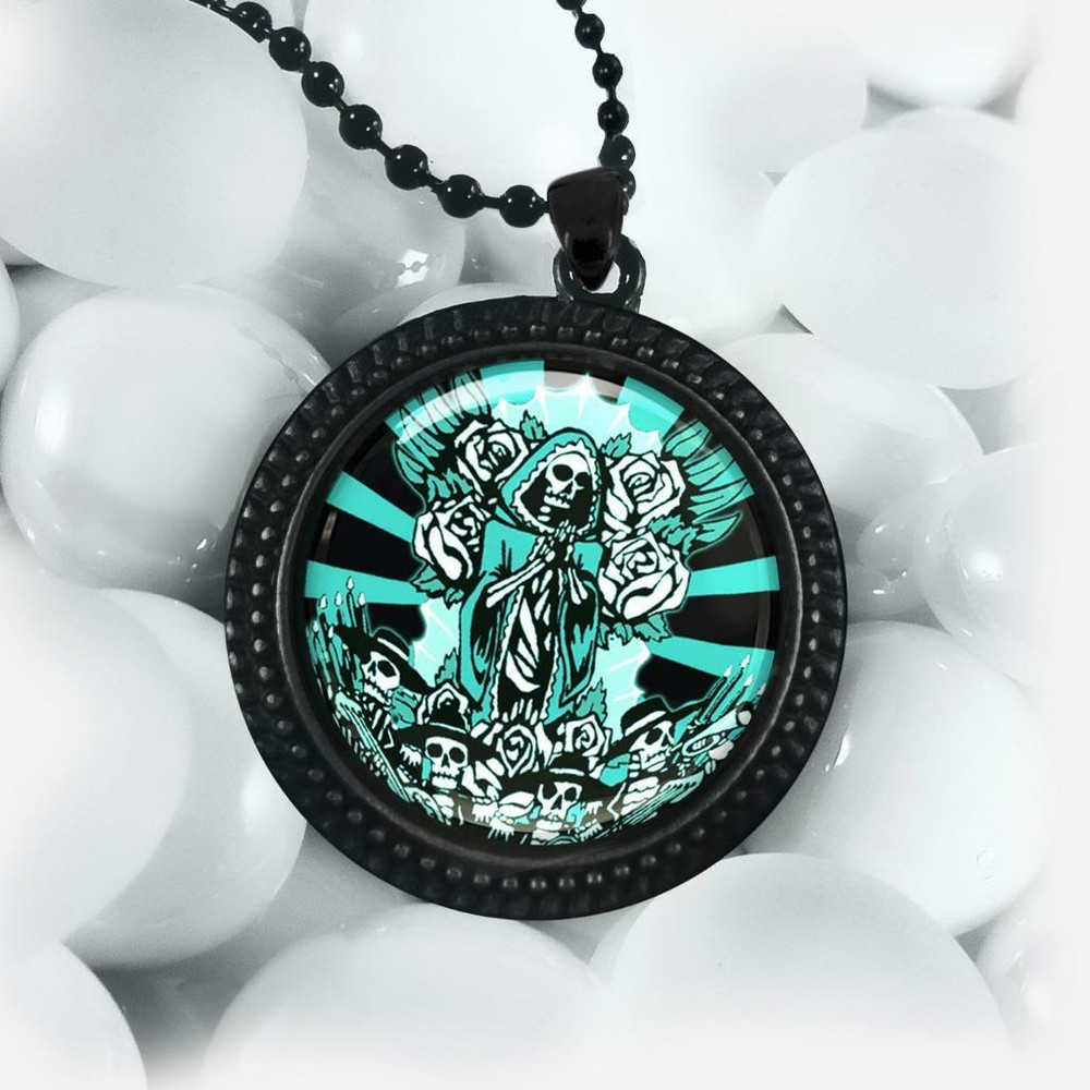 Virgin Mary Guadalupe Pendant Handmade Artisan Sugar Skull Necklace 24″