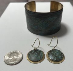 Bracelet Earrings Set Celtic Knot Cuff Dangle Statement Boho Faux Patina Artisan