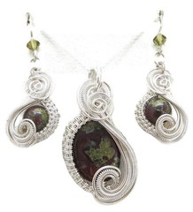 Dragon Bloodstone & Crystal Wire-Wrapped Earring/Necklace Set – Sterling Silver
