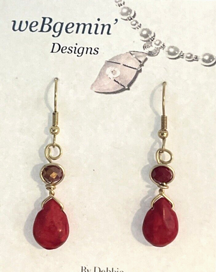 Hand Wrapped In Gold Tones Red Coral And Red Crystal Earrings CCJR106
