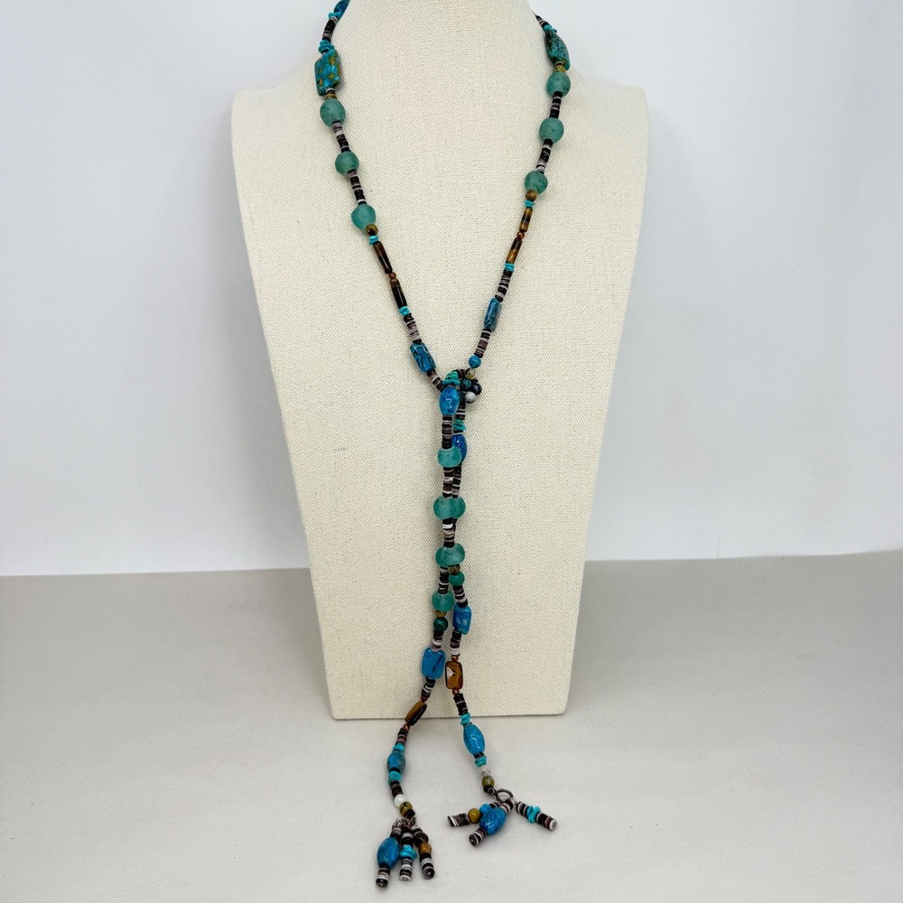 Artisan Beaded Lariat Tassel Necklace Turquoise Tigers Eye Sea Glass Blue Brown