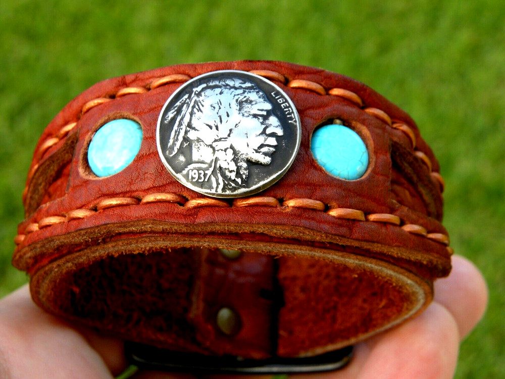 Cuff genuine Bison leather bracelet 1937 Buffalo Indian Nickel coin turquoise