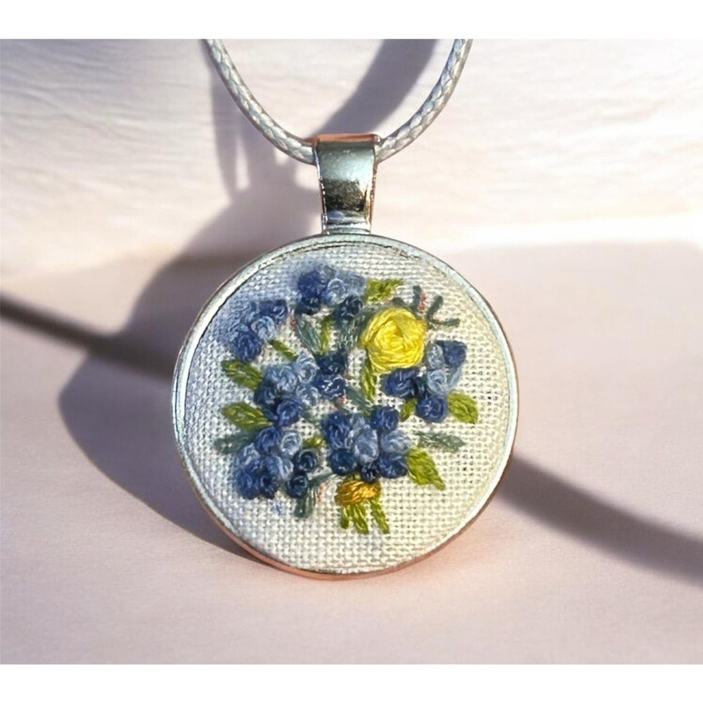 Handmade Floral Bouquet Embroidery Pendant Blue & Yellow Hand-stitched Necklace