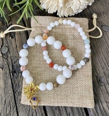 Matte White Beaded Stretch Bracelet with Gold Charm, Gemstone Bracelet