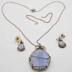 SS Blue Lace Agate Wire Wrapped Jewelry Necklace & Earrings Artisan Boho Silver
