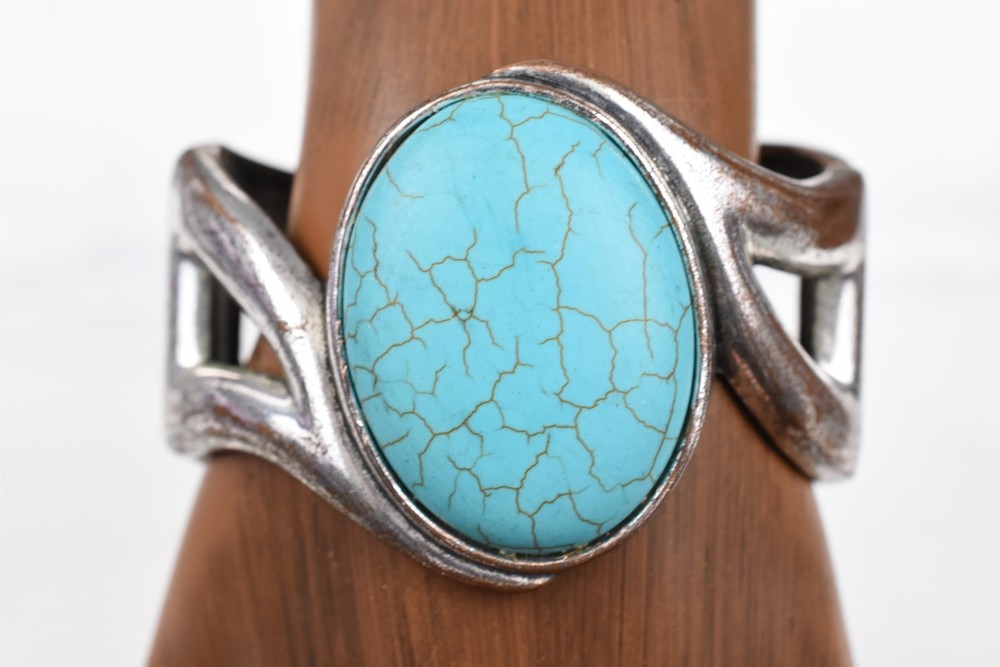 Handmade Studio Hinged Cuff Bracelet Oval Magnesite Silver Over Copper