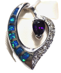 Tanzanite CZ & Blue Opal Inlay 925 Sterling Silver Floating Heart Slider Pendant