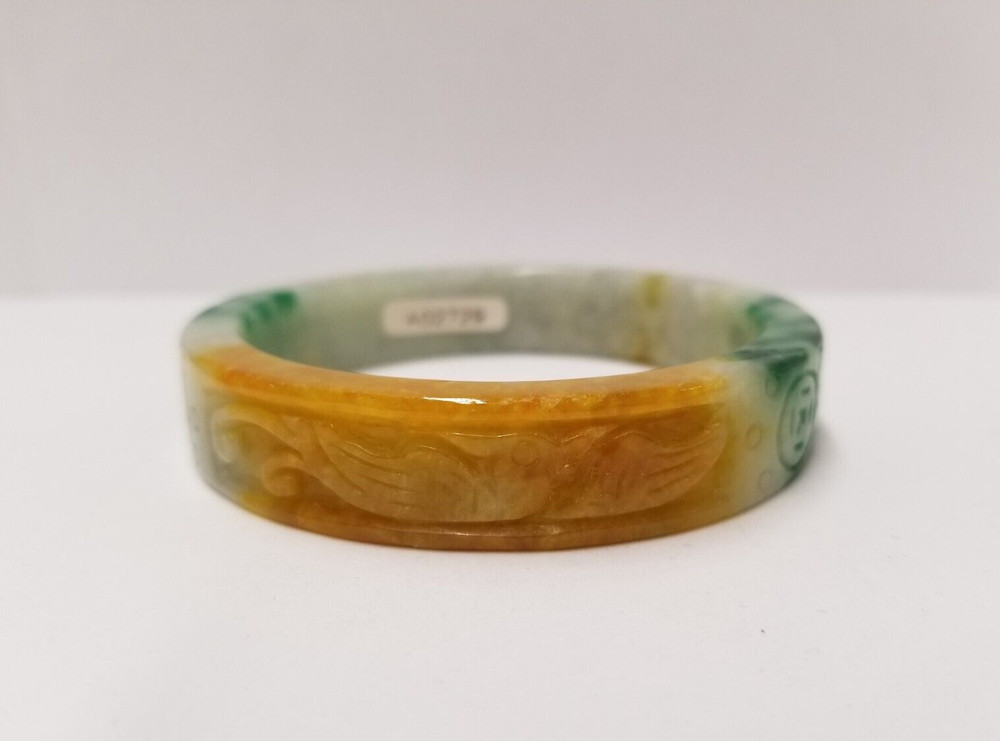 Carved Bird Heat Treated Dyed Green Yellow Jade Bangle I.D. 60mm W. 6mm H. 15mm