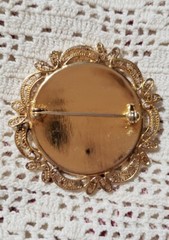 Vintage Gold Tone Damascene Round Brooch Pin , Filigree Frame, 1.75 in. EUC
