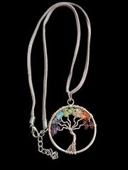 Wire Wrapped Tree of Life Chakra Pendant Necklace Gemstone Chips Suede Cord
