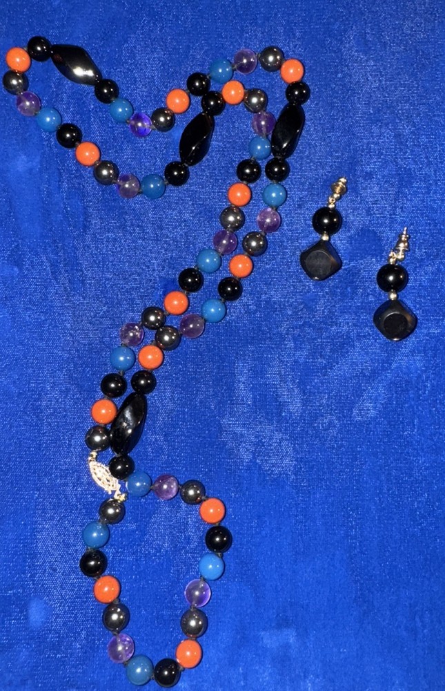 Vintage Boho Gemstone Bead Necklace & Earrings Onyx Agate Amethyst Jasper 28”