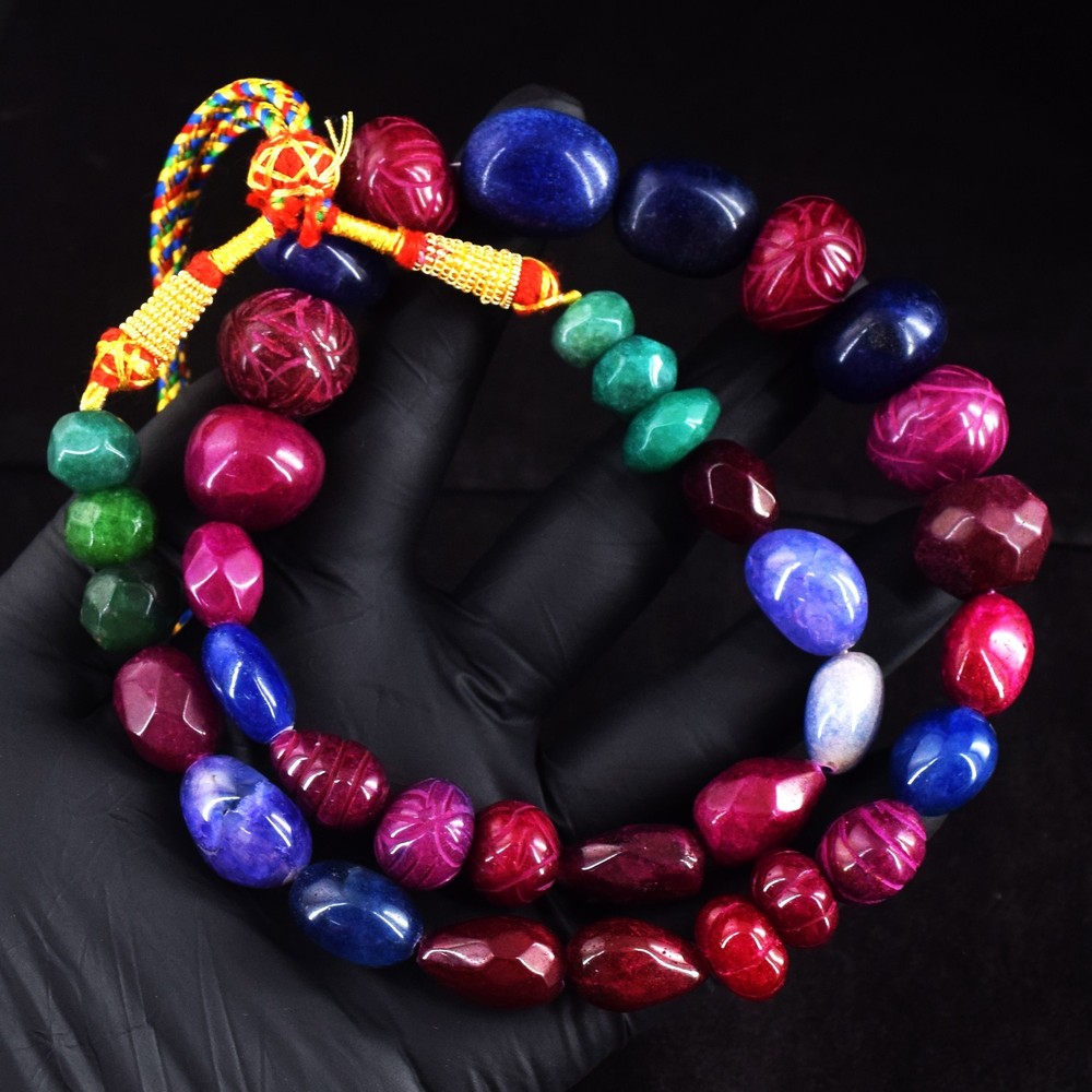 19 Inches Ruby ,Emerald & Sapphire 713.00 Cts Beaded Necklace Jewelry RK 13 E803