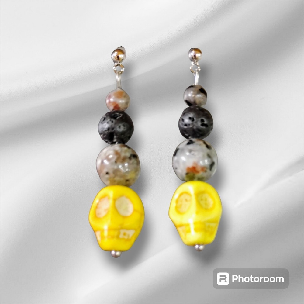 Yooperlite & Lava Rock Stone Beaded Yellow Howlite Skulls Silver Stud Earrings