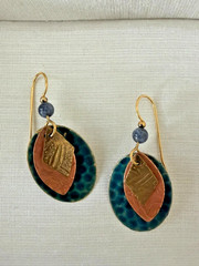 Handcrafted Mixed Metal Dangle Earrings — Teal Enamel, Hammered Copper, Brass