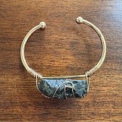 Artisan Raw Black Tourmaline Wire Wrapped Cuff Bracelet Gold Tone Metal Band