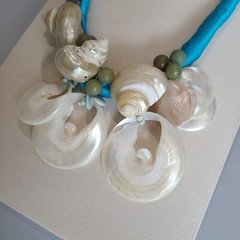 Boho Handmade Statement Necklace MOP Shells Beads Blue Aqua Fabric Chain Cord