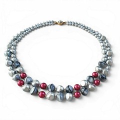 Vintage MCM Gray Art Glass Bead Necklace Red Accents Jeweled Clasp