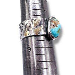 Sterling Silver Persian Blue Turquoise Handmade Ring Gold Accent SZ 8.25 -6207
