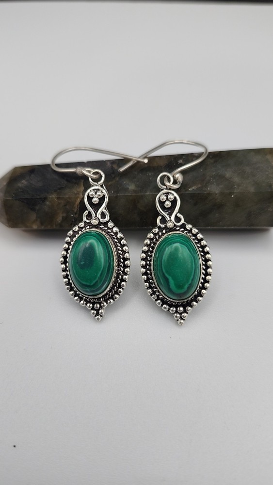 Malachite Earrings In Sterling Silver Jewelry Handmade 1.75″ Long.
