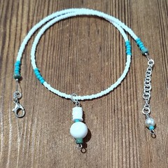 Turquoise Blue and White Beaded Ladies Necklace, Handmade Ladies Necklace