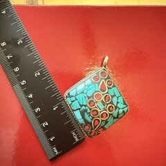 Old Persian Turquoise Mosaic Pendant Middle East Copper Brass Amulet Square