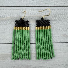 Jamaican Flag Beaded Earrings – Handmade Green, Black & Gold Fringe Dangles