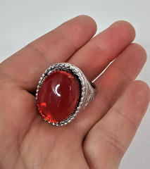 Chunky Ottoman Biker signet style goth vamp silver tone Ring Ruby red Glass