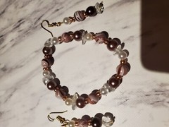 Handmade Gold Earrings And Bracelet Brown Beads, Gems And White Very Pretty