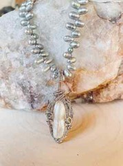 New Handmade Wire Wrapped Statement Jewelry | Silver Gray White Pearl Necklace