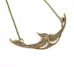Art Nouveau Bird Necklace Egyptian Revival Pendant Oxidized Brass Chain Birthday