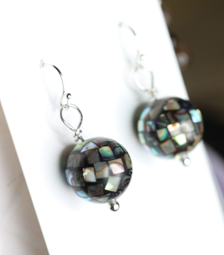 Abalone Earrings Paua Shell Inlay 14mm Ball .925 Sterling Silver Black 1 1/4″