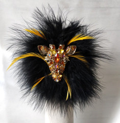 Giraffe Black Yellow Safari Rhinestone Leather Marabou Feather 2″ Cuff Bracelet