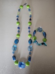 Handmade Artisan Chunky Beaded Necklace & Bracelet Set Green Blue Glass Resin…