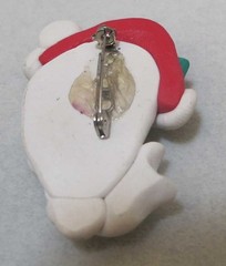 CHRISTMAS Sleeping CAT in SANTA HAT w Tiny Mouse Polymer Clay Brooch 2-1/4”