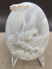 Vtg Mother Of Pearl handmade Bird carving With Pearl pendant 2.5″