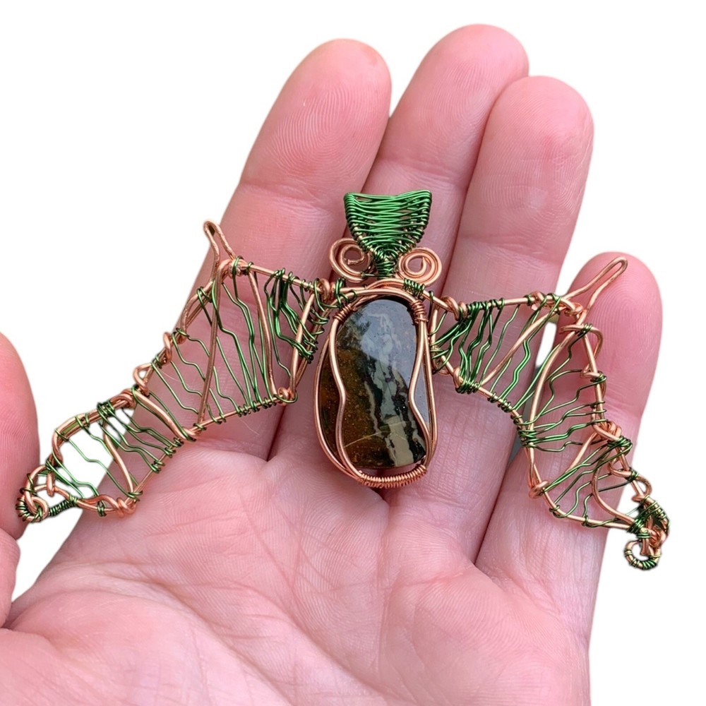 Natural Dragon Bloodstone Copper Wire Wrap Bat Pendant Handmade Gothic Gift