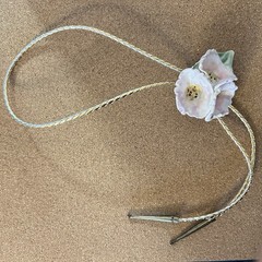 Glazed Ceramic Lariat Necklace Bolo Tie Large Floral Slide Vintage Artisan READ