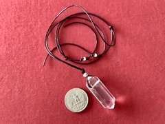 Quartz Crystal Point Pendant with Black Leather Cord Adorned with S.S. Beads.