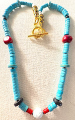 18.25″/Turquoise/Red Coral/Onyx/White Howelite/Gemstone Necklace (TRO-101)