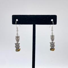 Handmade Artisan Silver-tone Owl Earrings w/ Tiger Eye and Stainless Steel Hooks